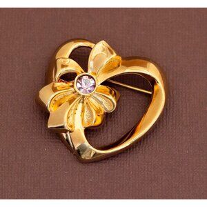 Vintage Dainty Ribbon Rhinestone Gold Tone Brooch by Avon - U17